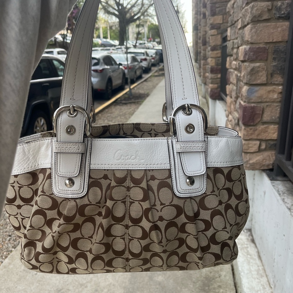 Coach Brown and White Signature Tote Bag
